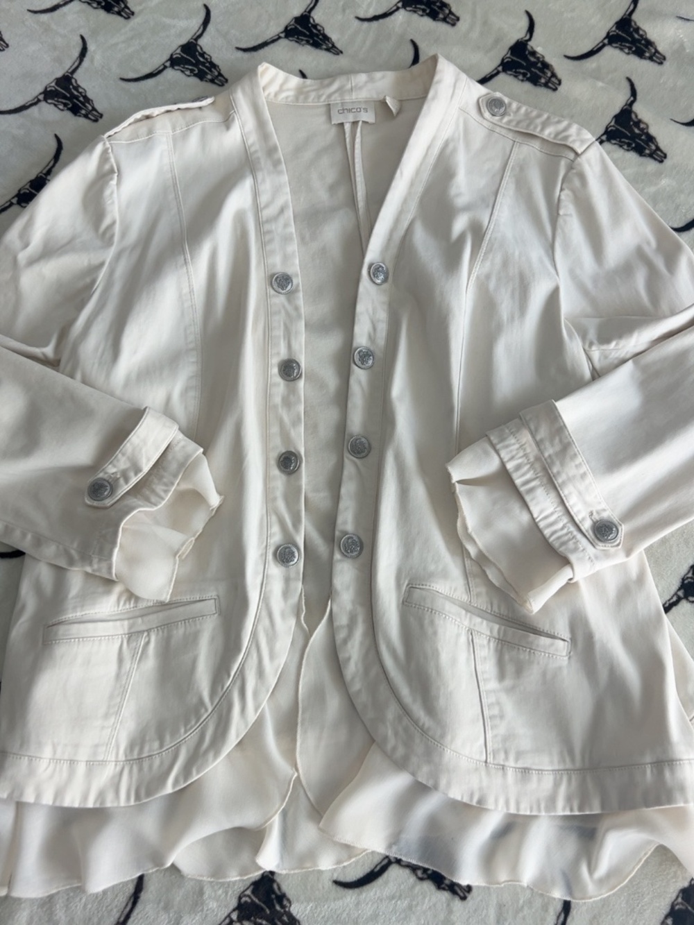 Chico’s Ivory Military Jacket Ruffle Hem Silver Buttons Size 4 (XXL)